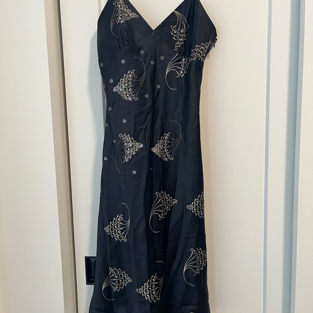 Rare Vintage Laundry by Shelli Segal Blue Silk Midi Dress with Beaded Detailing